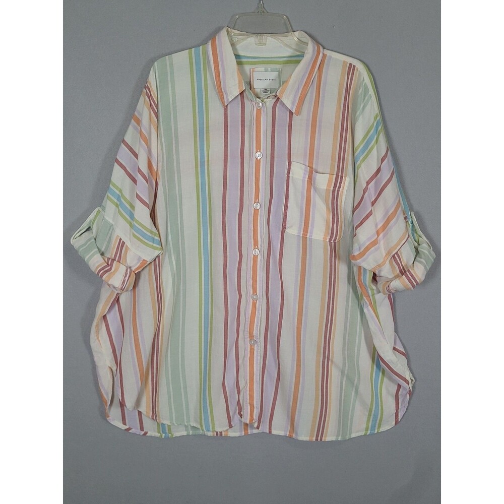 American Eagle Tunic Womens L White Pastel Striped Flowy Boho Button Up Shirt - Picture 1 of 11
